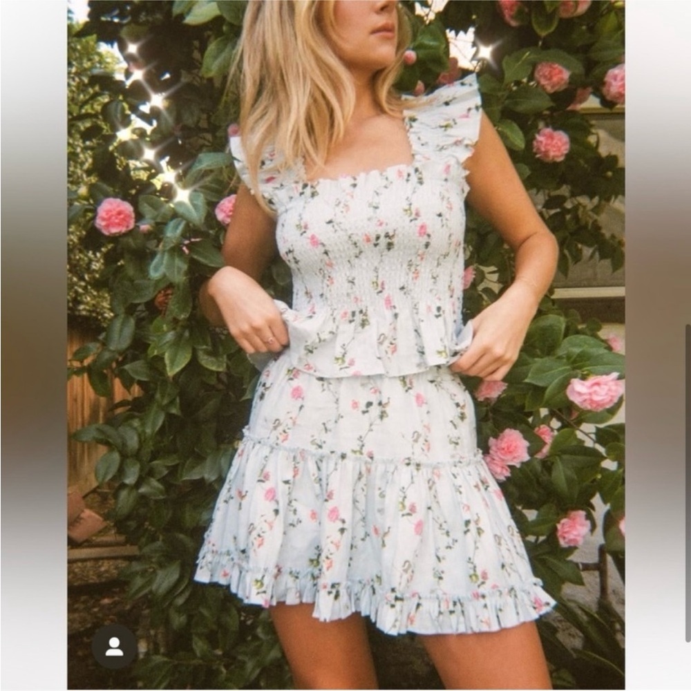 Hill House 100% Linen Pond Floral The Paz Tiered Ruffle Mini Skirt SZ Small